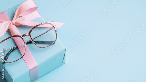 Stylish eyewear on pastel gift box with pink ribbon, perfect for gifting