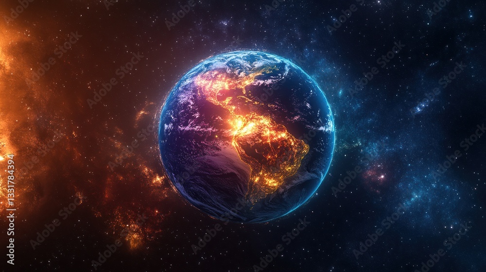 Obraz premium Earth's Glowing Embrace: A Celestial Symphony of Light and Cosmos