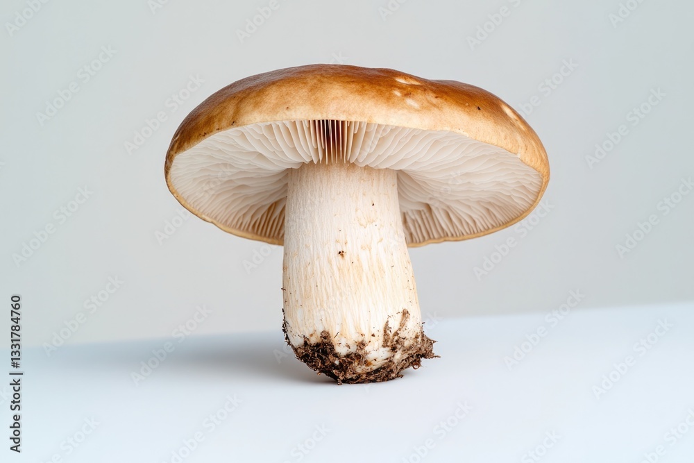 Mushroom showcased on clean surface, highlighting its unique cap Mushroom showcased on clean surface, highlighting its unique cap