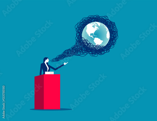 Vector exhaust and carbon come out of the mouth of the speaker at the climate summit conference and envelope the world