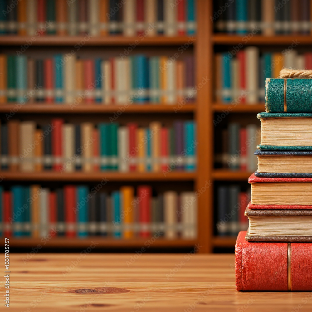 Stack of bound books on wooden table in library