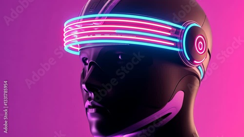 Futuristic Figure with Glowing Neon Visor and Humanoid Robot Against Vibrant Pink Background Showcasing Advanced Technology and Modern Design with Striking Blue and Pink Lights for Visually Stunning