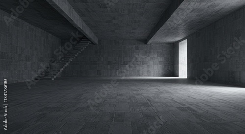 Modern concrete interior with stairs.