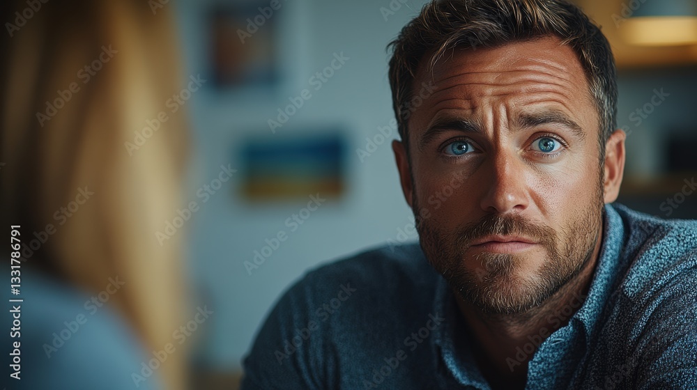 Obraz premium Man with blue eyes engaged in serious conversation with a blurred figure in a cozy indoor setting during daytime