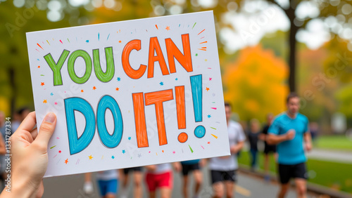 Cheering runner holding motivational sign in autumn park