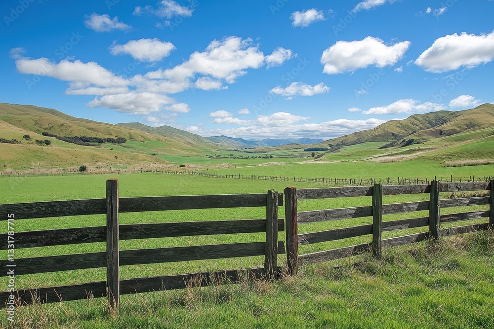 Serene green pasture framed by a rustic wooden fence under a bright blue sky. Ideal for themes of nature, agriculture, and rural landscapes. Serene green pasture framed by a rustic wooden fence under a bright blue sky. Ideal for themes of nature, agriculture, and rural landscapes.