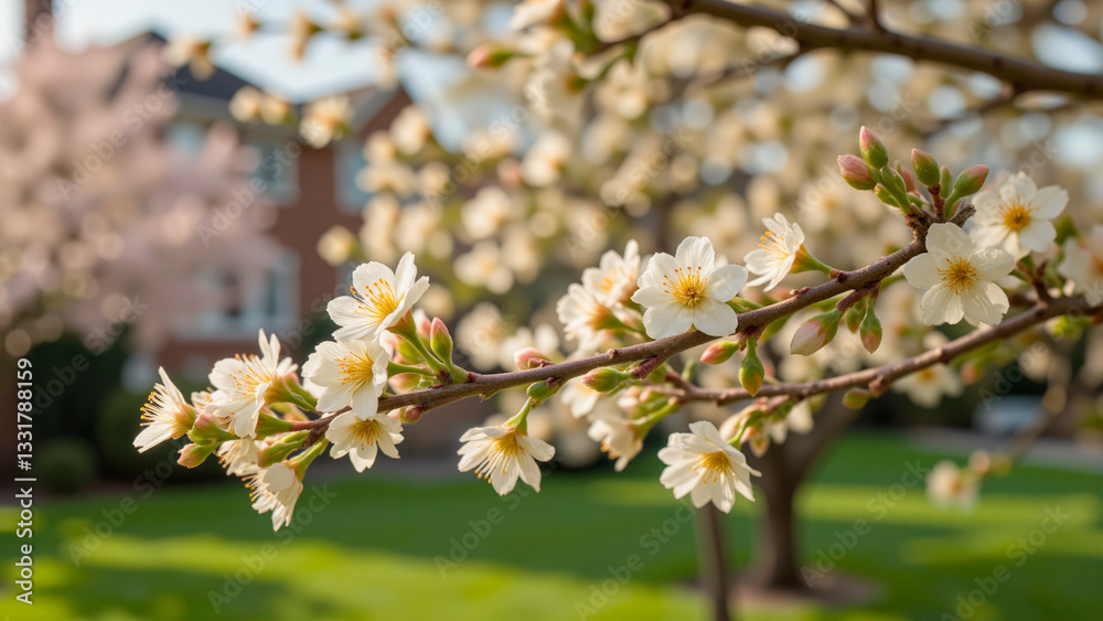 Cherry blossoms blooming in a residential garden Cherry blossoms blooming in a residential garden