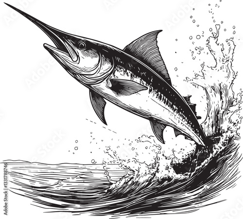 Swordfish jumping hand drawn fish vector illustration