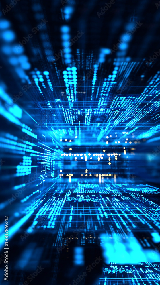 A vertical digital background featuring an abstract pattern in shades of blue, symbolizing the flow of data and technological advancements
