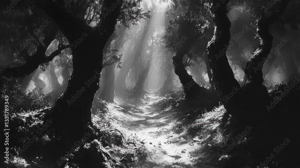 Obraz premium Mysterious Monochrome Forest Path: A Black and White Photographic Journey into the Woods