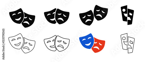 Theater mask icon in flat style isolated on white background. Comedy, drama, tragedy symbol. Masquerade, Comic and tragic mask icon
