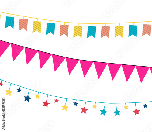 Multicolored bright buntings flags garlands isolated on white background. Bunting and party flag vector illustration.