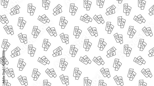 Seamless abstract vector pattern. Black contoured theatrical masks isolated on white background. Tradegy and comedy. World theatre day. Simple monochrome illustration. Perfect for wallpaper or fabric