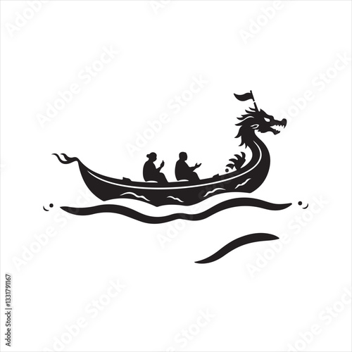 A classic black and white vector silhouette logo of Dragon Boat Festival on a white background. The design uses geometric shapes and clean lines for a timeless and elegant aesthetic, emphasizing