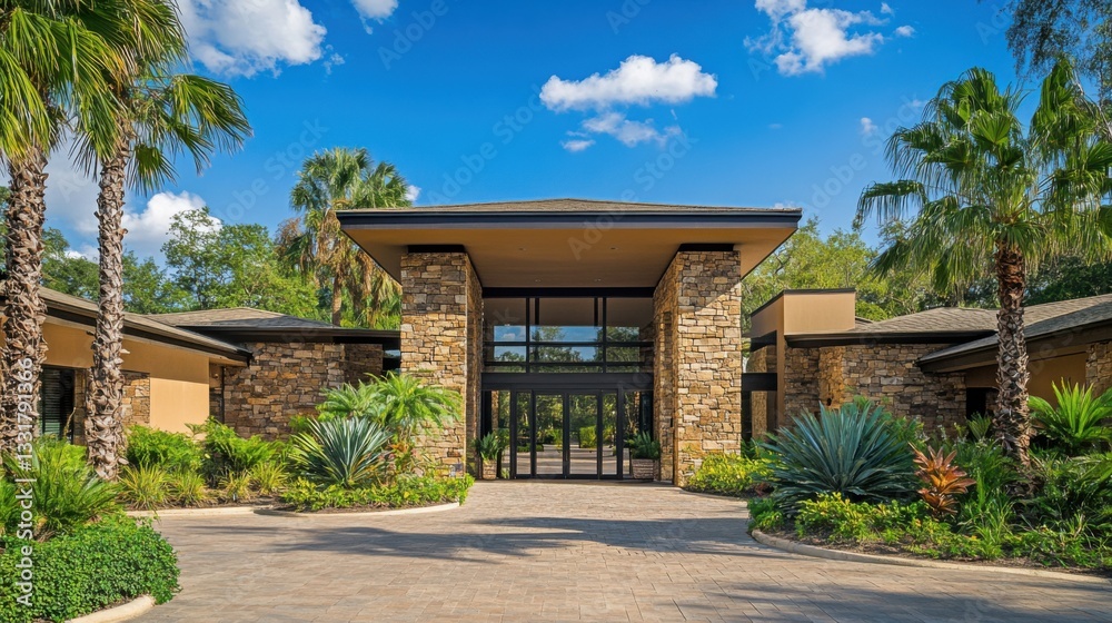 Modern Luxury Home Entrance with Clean Lines, Surrounded by Greenery, Under a Clear Blue Sky, Minimalistic and Serene Design. Modern Luxury Home Entrance with Clean Lines, Surrounded by Greenery, Under a Clear Blue Sky, Minimalistic and Serene Design.