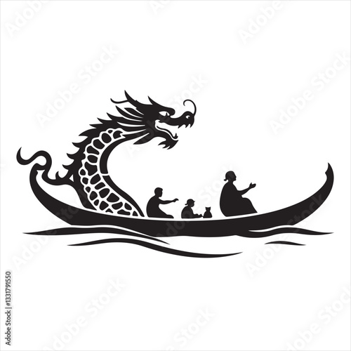 A classic black and white vector silhouette logo illustration of Dragon Boat Festival on white background using geometric shapes and clean lines for a timeless elegant design focusing on balance