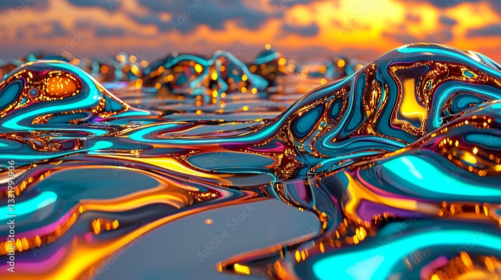 Obraz premium Abstract Iridescent Liquid Forms at Sunset
