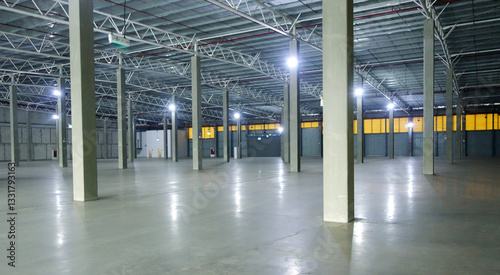an empty industrial warehouse with large, clean windows, atmospheric light, white.