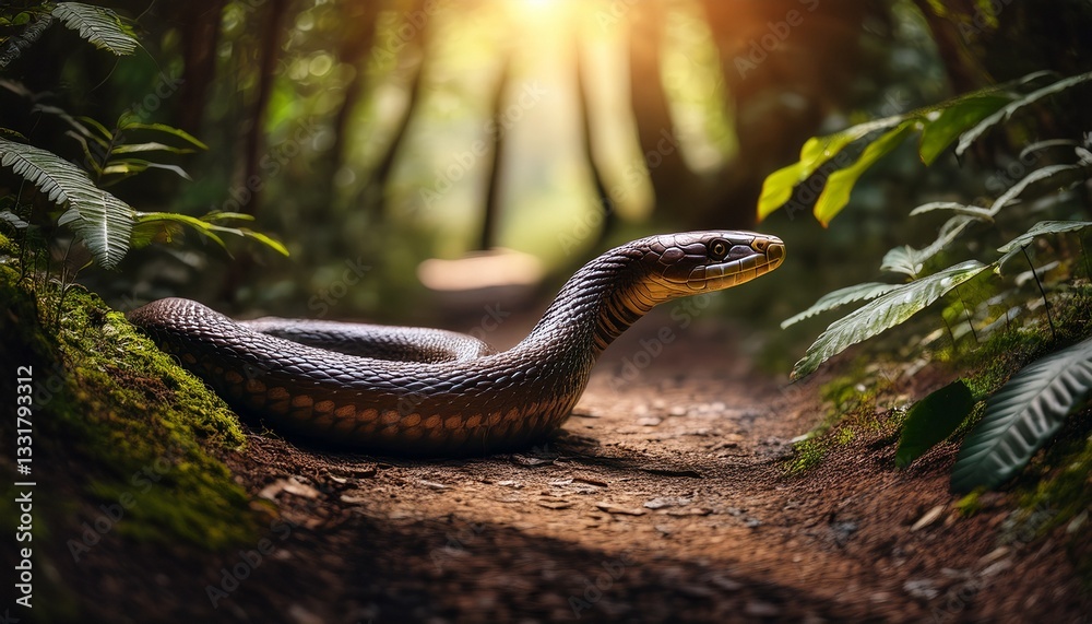 Fototapeta premium A captivating venomous snake moves stealthily along a forest trail, its dark scales gleaming ominously under the soft, dappled sunlight filtering through the trees.