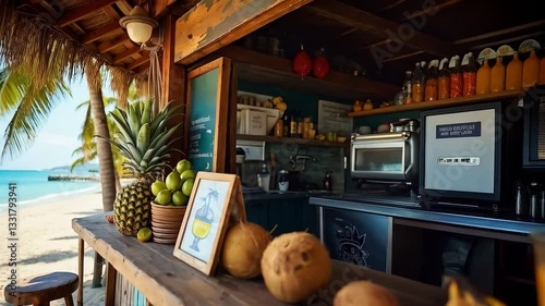 Bar de jugos tropicales en la playa con frutas frescas y bebidas refrescantes