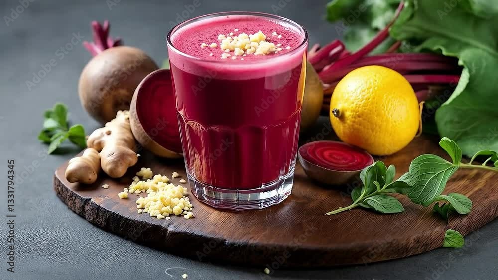 Jugo de betabel y jengibre en vaso con ralladura de jengibre