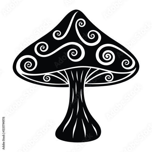 Whimsical Mushroom Silhouette: A captivating black and white mushroom illustration, with intricate swirling patterns adorning its cap, evoking a sense of fantasy and enchantment. 