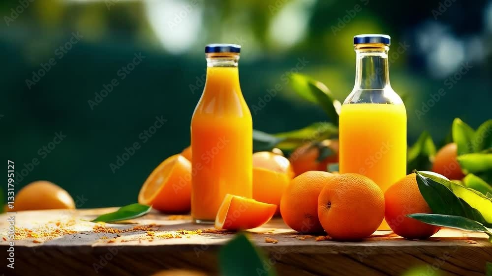 Botellas de jugo de naranja fresco con naranjas enteras y en rodajas