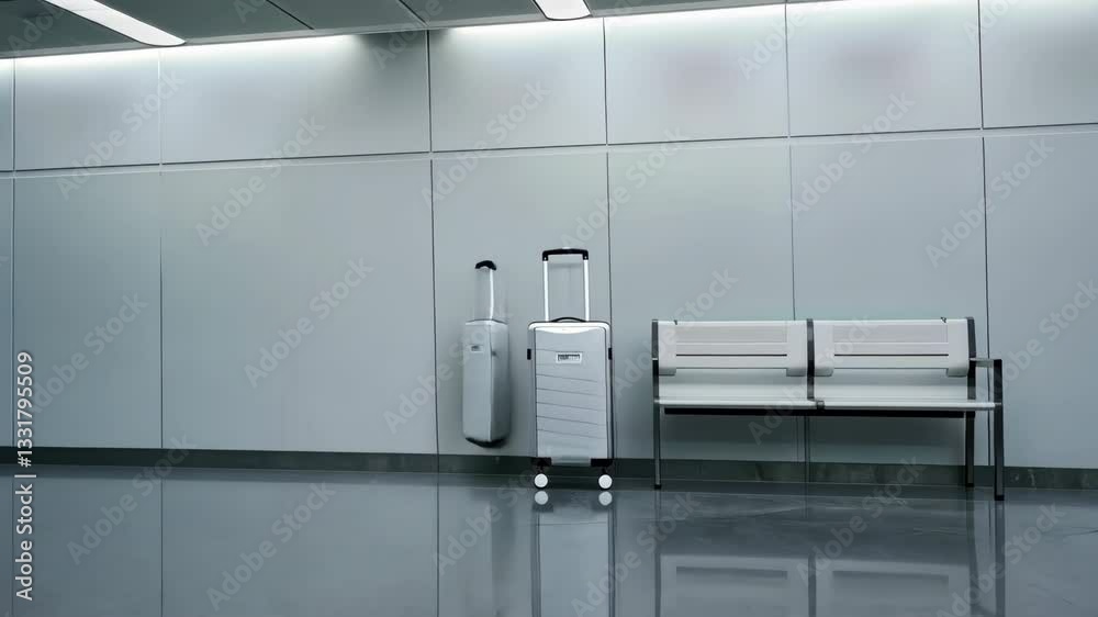 Passengers rest in a sleek airport terminal, featuring a gray wall, a metallic bench, and a single suitcase waiting nearby Passengers rest in a sleek airport terminal, featuring a gray wall, a metallic bench, and a single suitcase waiting nearby