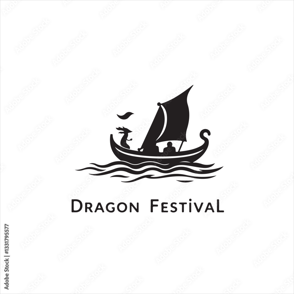Obraz premium Classic black and white vector silhouette logo for Dragon Boat Festival, featuring geometric shapes and clean lines. The design is balanced, symmetrical and visually clear against a white background