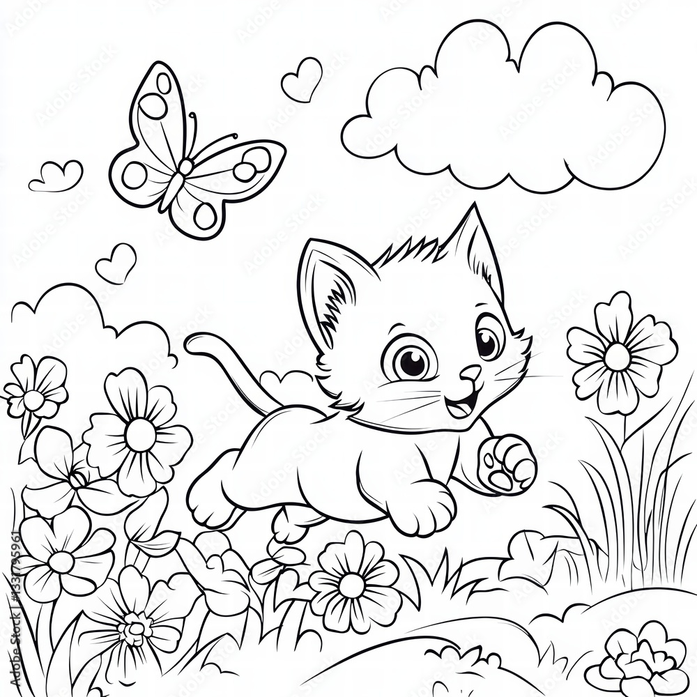 Obraz premium Playful Kitten's Garden Adventure Coloring