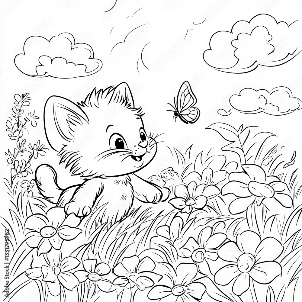 Fototapeta premium Whimsical kitten and butterfly illustration: A charming black and white illustration captures a kitten's playful encounter with a butterfly amidst a field of wildflowers.