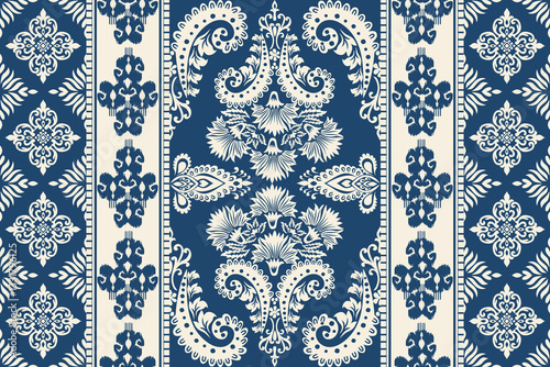 Ikat floral paisley embroidery seamless pattern. Ikat ethnic flower oriental pattern traditional. Motifs African boho. Ethnic ikat floral Border Indian floral Aztec embroidery border