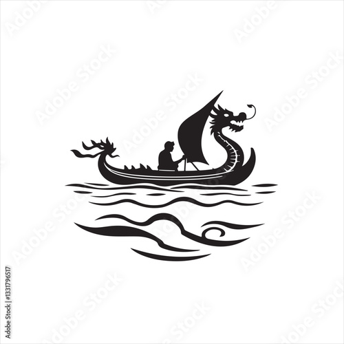 Elegant black and white vector silhouette logo Dragon Boat Festival illustration on white background geometric shapes clean lines balanced symmetrical visual clarity timeless design.eps