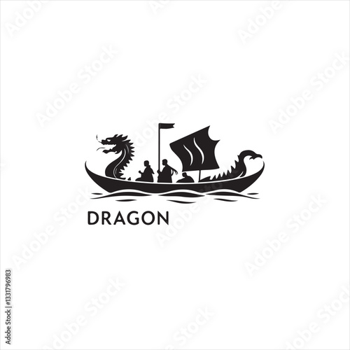 Timeless and elegant black and white vector illustration, a logo silhouette of Dragon Boat Festival on a white background.  Geometric shapes and clean lines create balance, symmetry