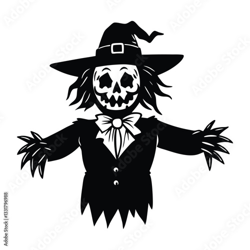 Halloween's Spooky Guardian: A silhouette of a sinister scarecrow, complete with a witch's hat, exudes an eerie charm against a stark backdrop, embodying the spirit of All Hallow's Eve.