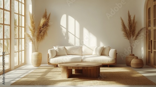 Bright Living Room Interior Design with Beige Sofa and Wooden Coffee Table