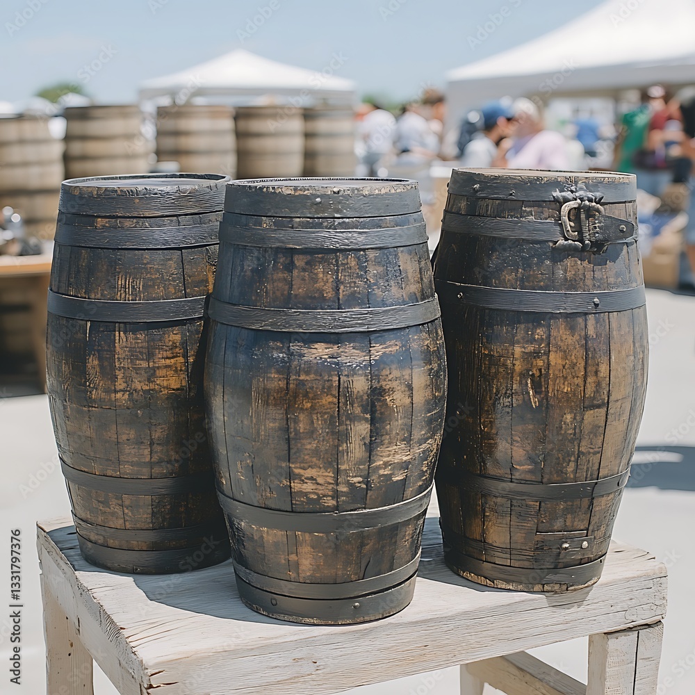 Three wooden barrels with metal hoops displayed outdoors on a table