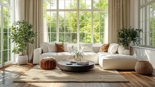 Bright Living Room Interior Design with White Sectional Sofa and Lush Greenery