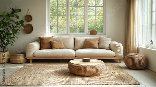 Bright Living Room with Beige Sofa and Wooden Coffee Table