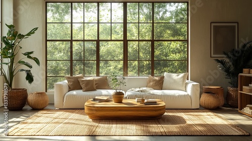 Bright Living Room with Green View and White Sofa