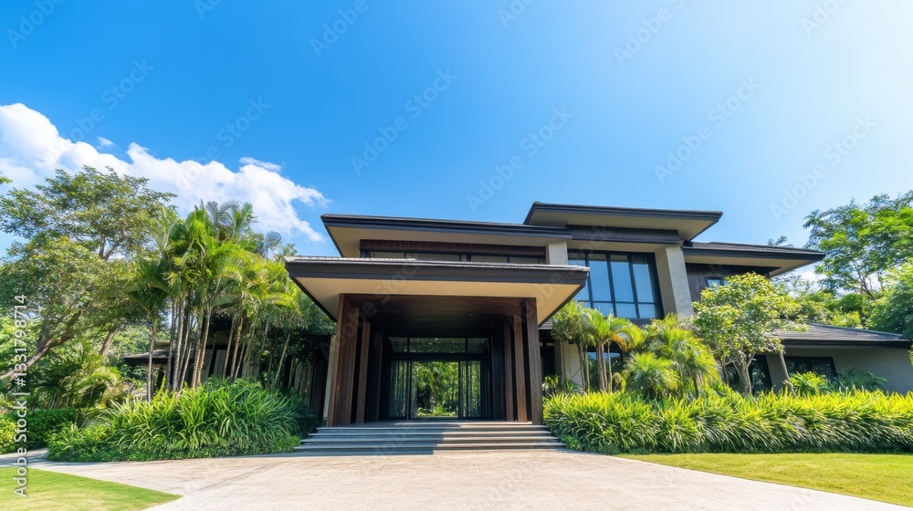 Modern Luxury Home Entrance with Clean Lines, Surrounded by Greenery, Under a Clear Blue Sky, Minimalistic and Serene Design. Modern Luxury Home Entrance with Clean Lines, Surrounded by Greenery, Under a Clear Blue Sky, Minimalistic and Serene Design.
