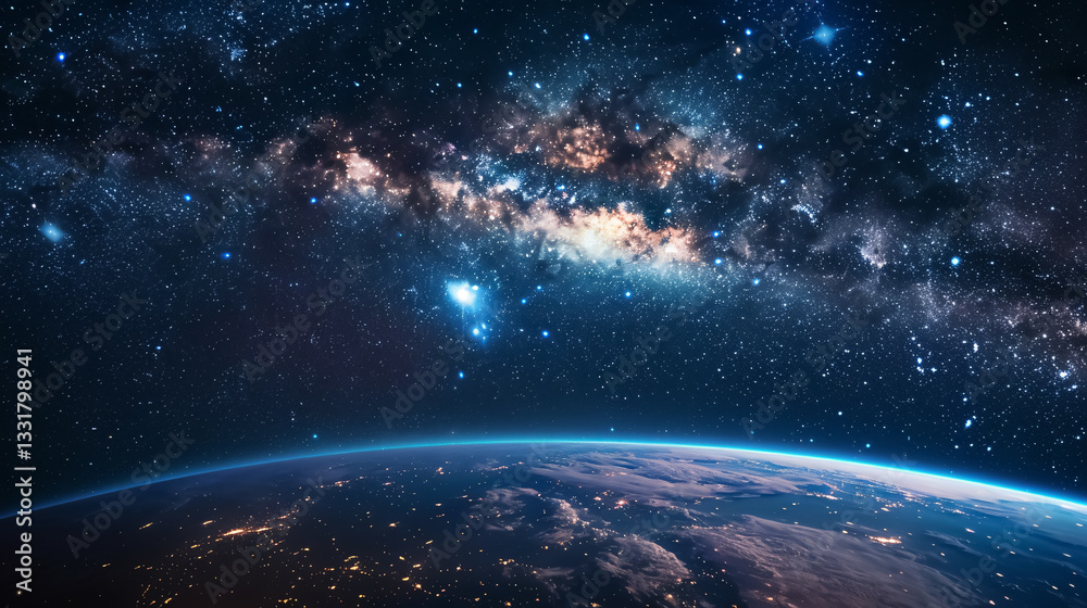 Fototapeta premium Landscape with the Milky Way galaxy. Earth view from space with the Milky Way galaxy.