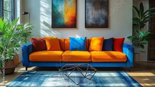 Bright Orange and Blue Velvet Sofa in Modern Living Room