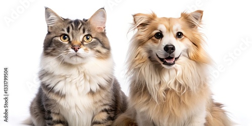 Adorable Dog and Cat Posing Together, White Background Pet Photography, Studio Shot, Fluffy Pets, Cute Animals
