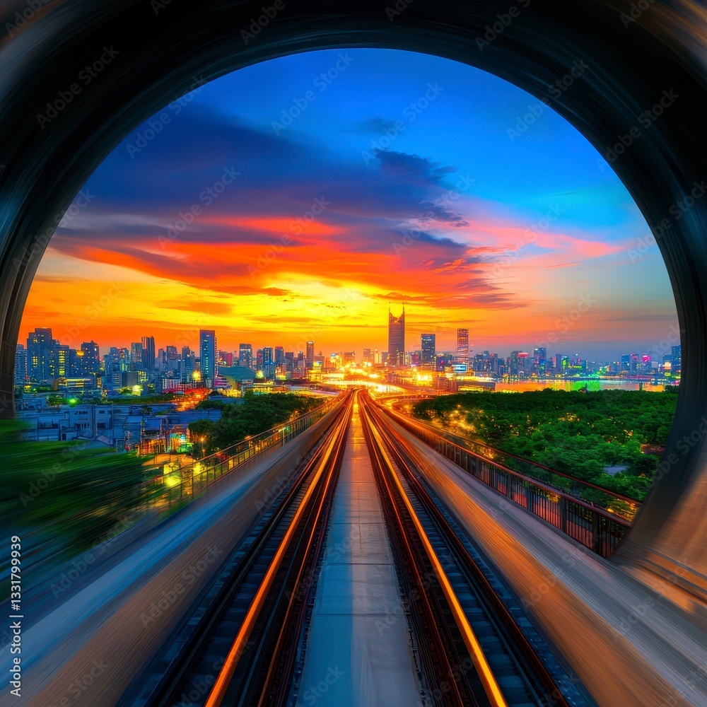 Fototapeta premium Vibrant Urban Sunset with Dramatic Sky and City Rooftops