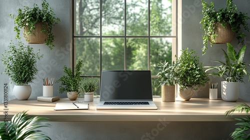 Bright Workspace with Laptop and Greenery
