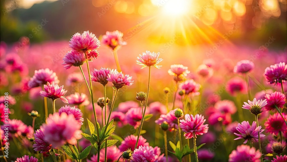 Fototapeta premium Aerial View Pink Flowers Sunlit Meadow, Blooming Flowers Drone Photography, Spring Blossom Aerial Shot