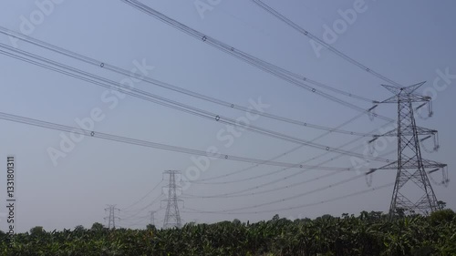 high-voltage electrical transmission towers, also known as power pylons or electricity pylons