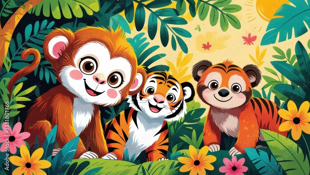 Obraz premium Vibrant Illustration of Playful Monkey and Tiger Cubs in Lush Tropical Jungle