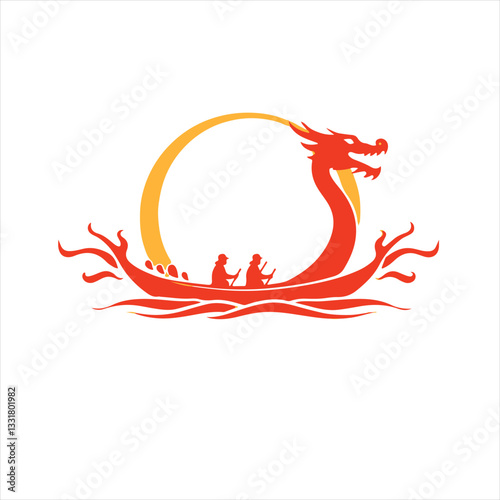 Vector silhouette logo Dragon Boat Festival in geometric shapes, warm reds oranges yellows, clean lines, balanced symmetrical design on white background